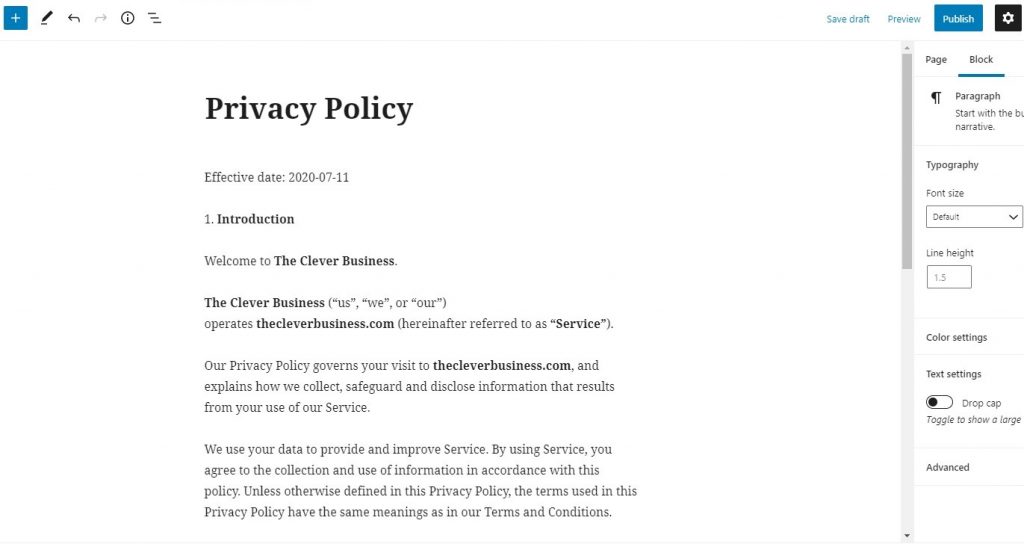 WordPress privacy policy page editor