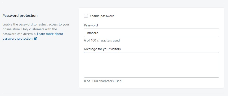 Shopify password protection settings