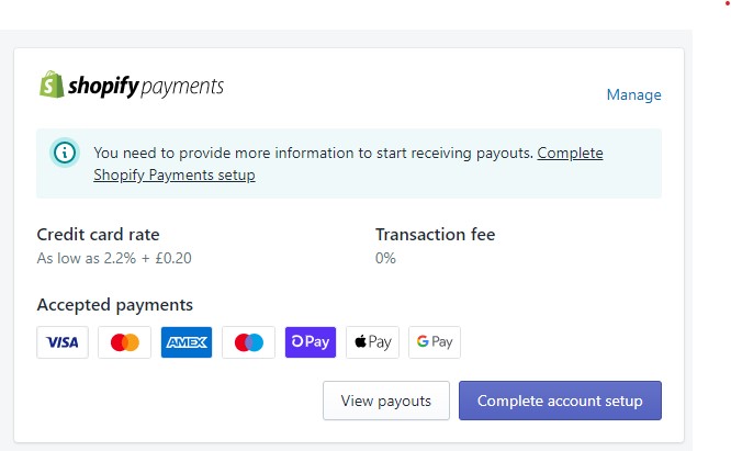 Shopify payments manage button