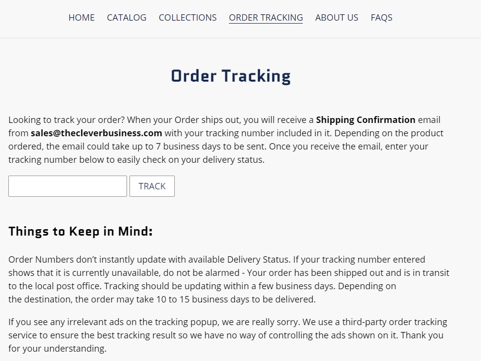 Shopify store order tracking page
