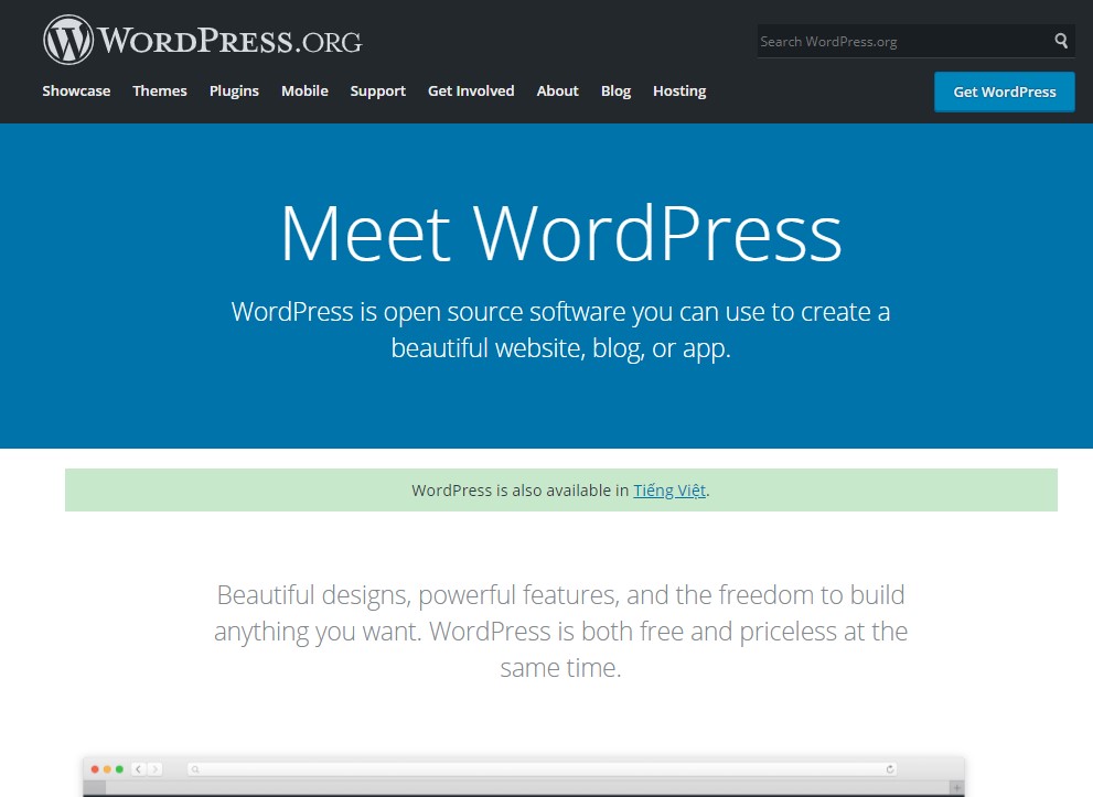 WordPress blogging platform homepage