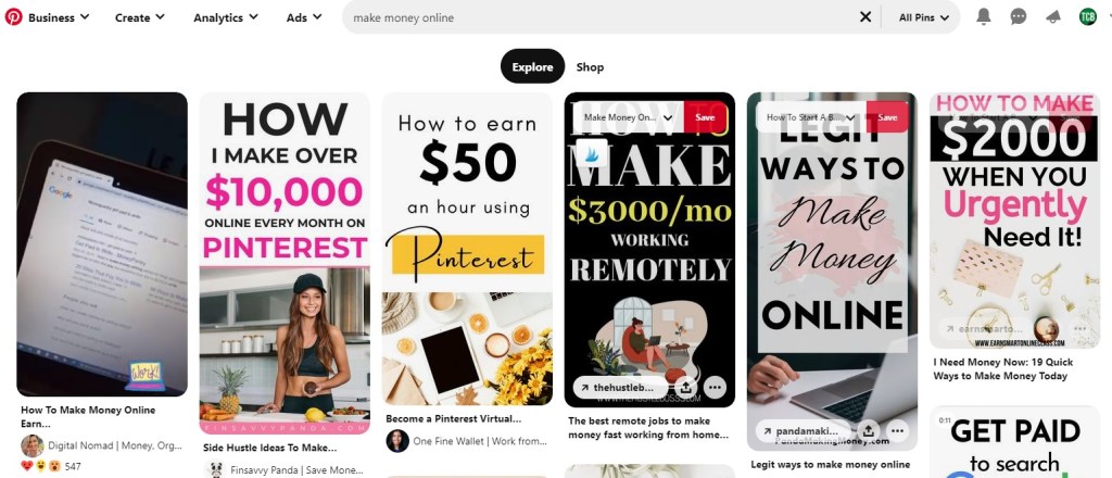 Pinterest search results for "make money online"