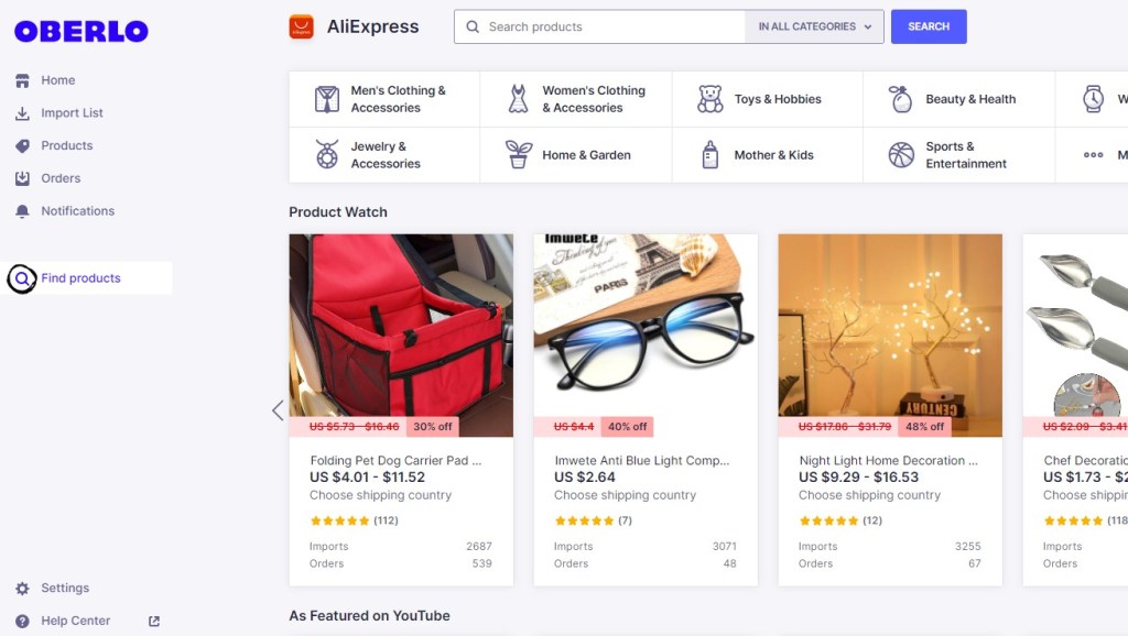 Oberlo Shopify app for importing and fulfilling products