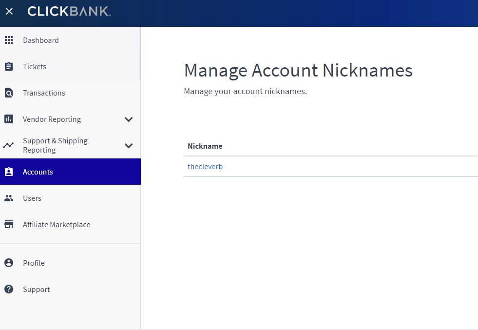 ClickBank account nicknames