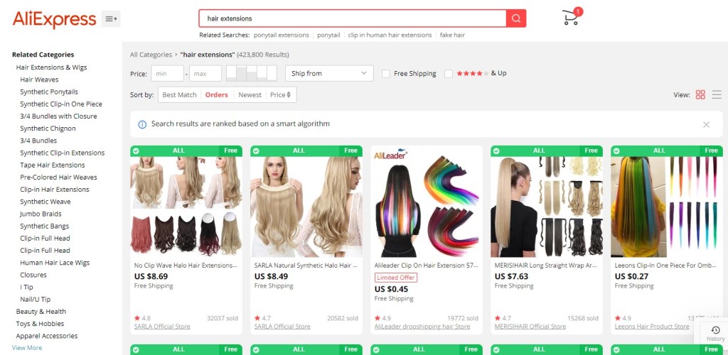Hair extension dropshipping products on AliExpress