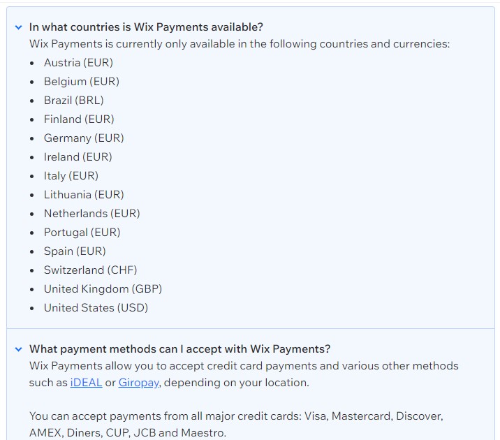 Wix Payments supported countries