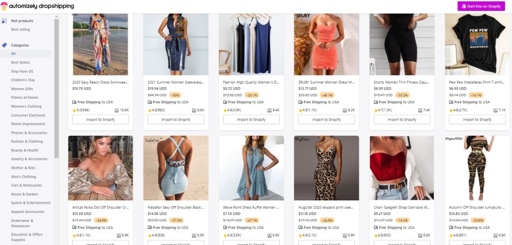 Clothing dropshipping products on Automizely