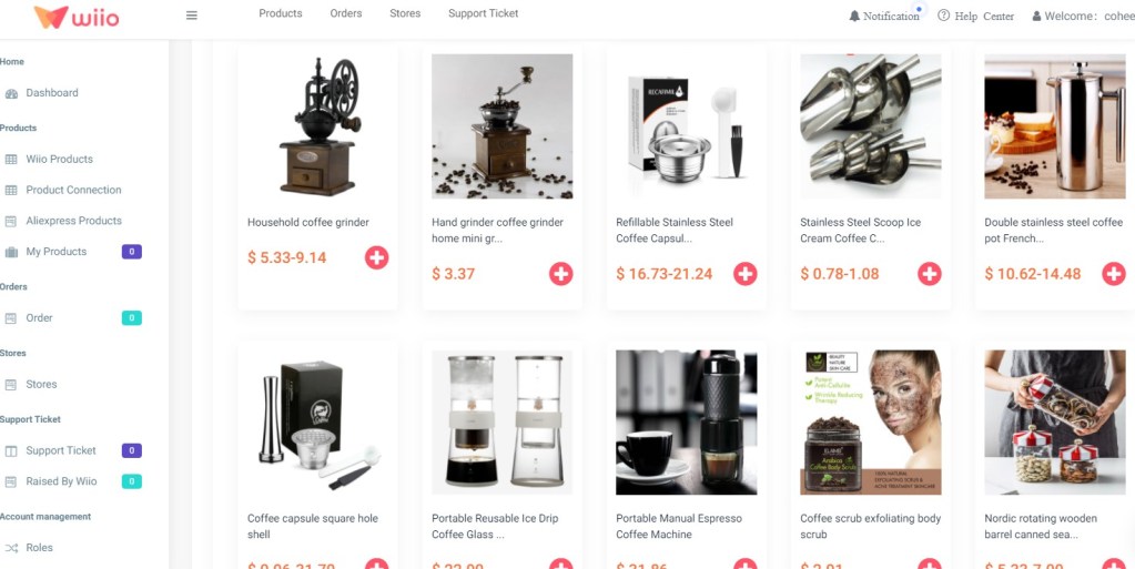 Coffee dropshipping products on Wiio