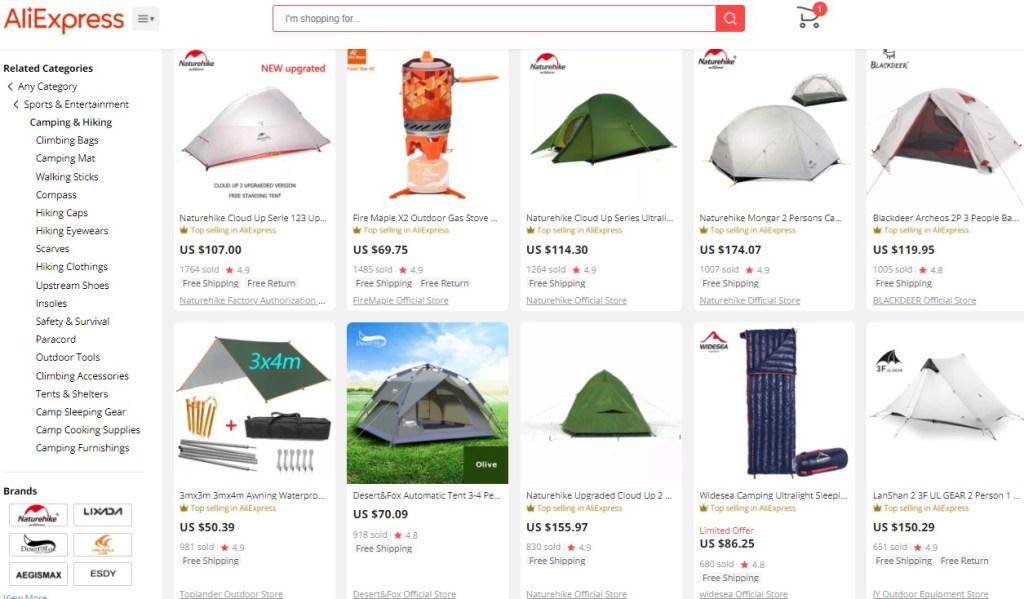 Example high-ticket dropshipping products in the camping & hiking niche