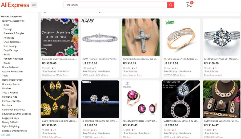 Example high-ticket dropshipping products in the fine jewelry niche
