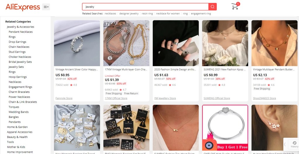 Jewelry dropshipping products on AliExpress