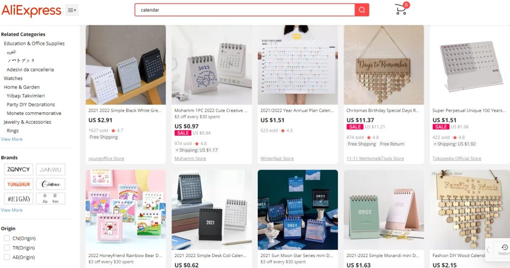 Calendar dropshipping products on AliExpress