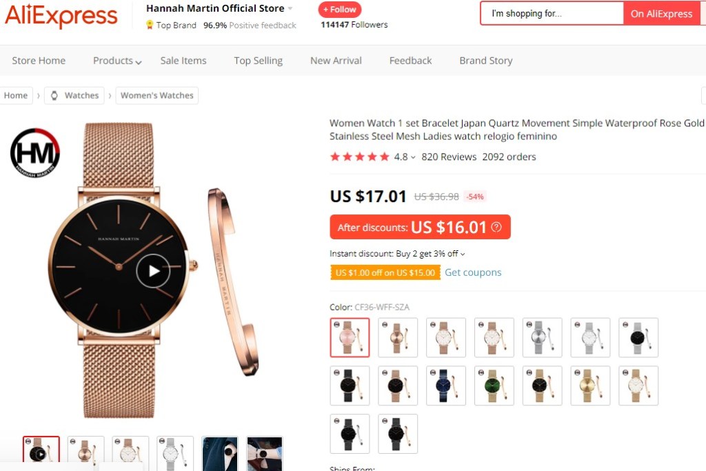 Fashion watch & bracelet set dropshipping product example