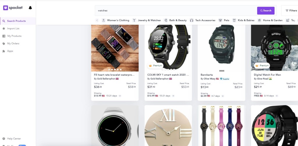 Watches dropshipping products on Spocket