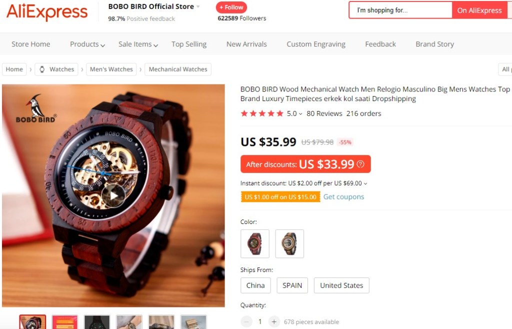 Wooden watch dropshipping product example