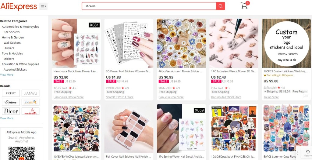 Stickers dropshipping products on AliExpress
