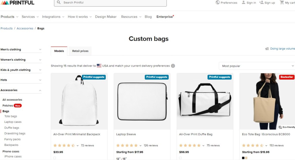 Printful tote, bag, & backpack print-on-demand company